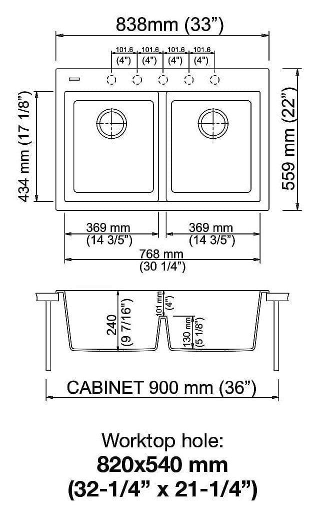 LaToscana Plados 33" x 22" Double Basin Granite Drop-In Sink In A Milk White Finish