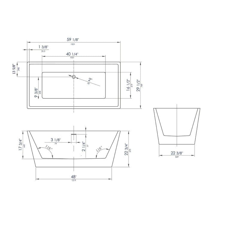 ALFI brand AB8834 59 inch Black & White Rectangular Acrylic Free Standing Soaking Bathtub