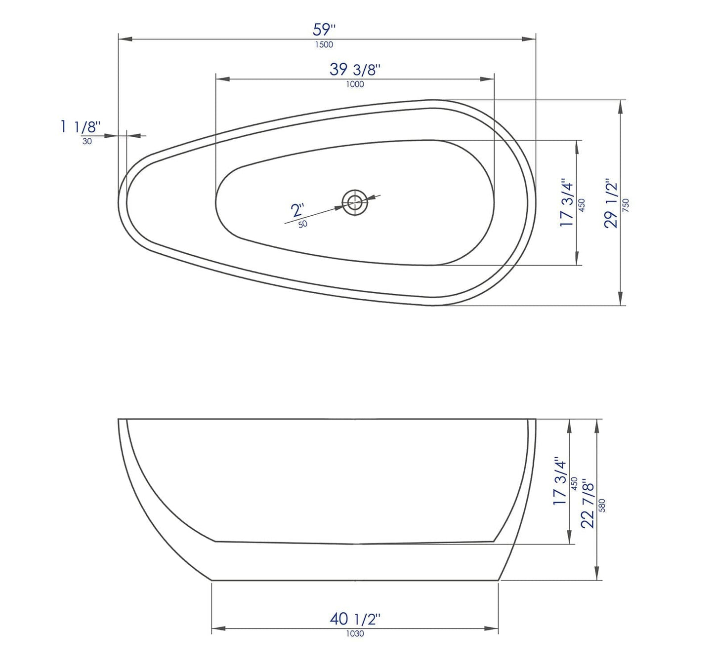 ALFI brand AB8862 59 inch Black & White Oval Acrylic Free Standing Soaking Bathtub