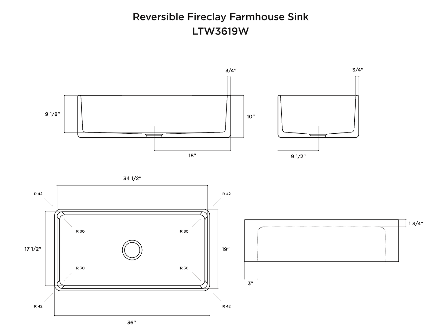 LaToscana 36" Reversible Single Bowl Farmhouse Apron Fireclay Sink LTW3619W