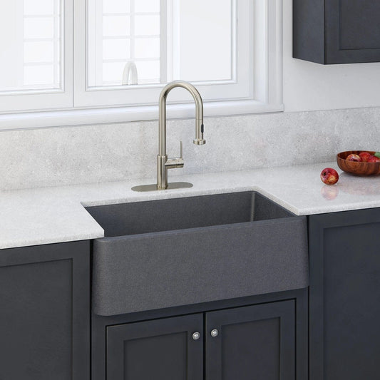 LaToscana  Marmorin Farmhouse Apron Front 30-in x 19-in Titanium Grey Metallic Single Bowl Composite Kitchen Sink
