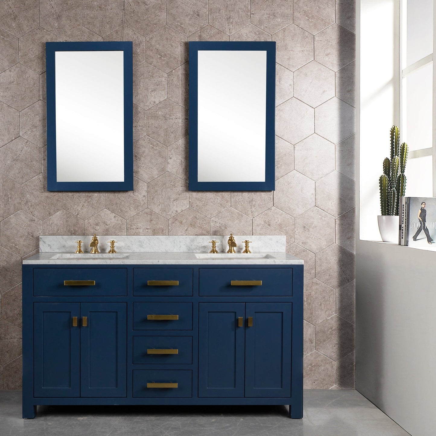 Water Creation 60" Palace Collection Quartz Carrara Pure White Bathroom Vanity Set With Hardware