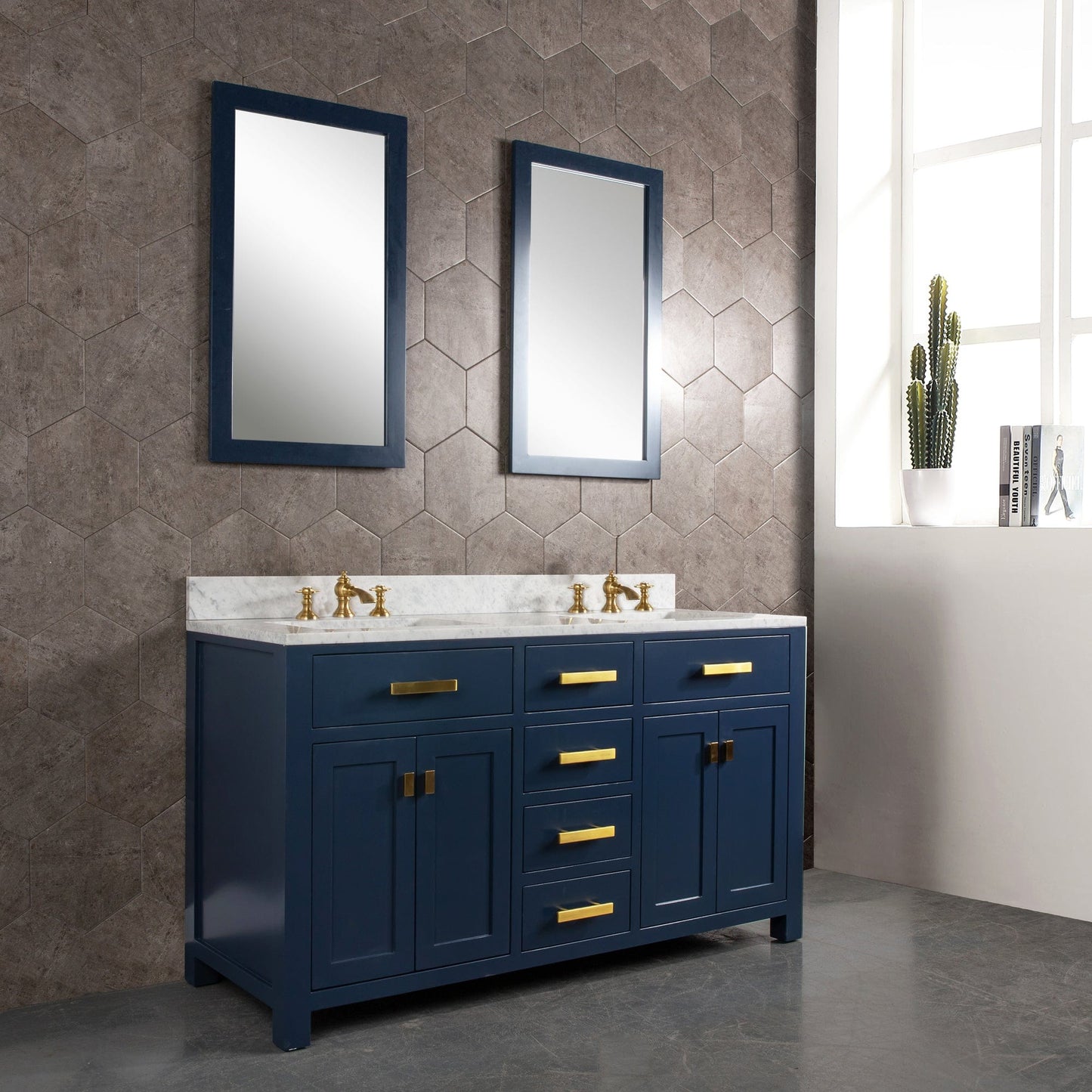 Water Creation 60" Palace Collection Quartz Carrara Pure White Bathroom Vanity Set With Hardware