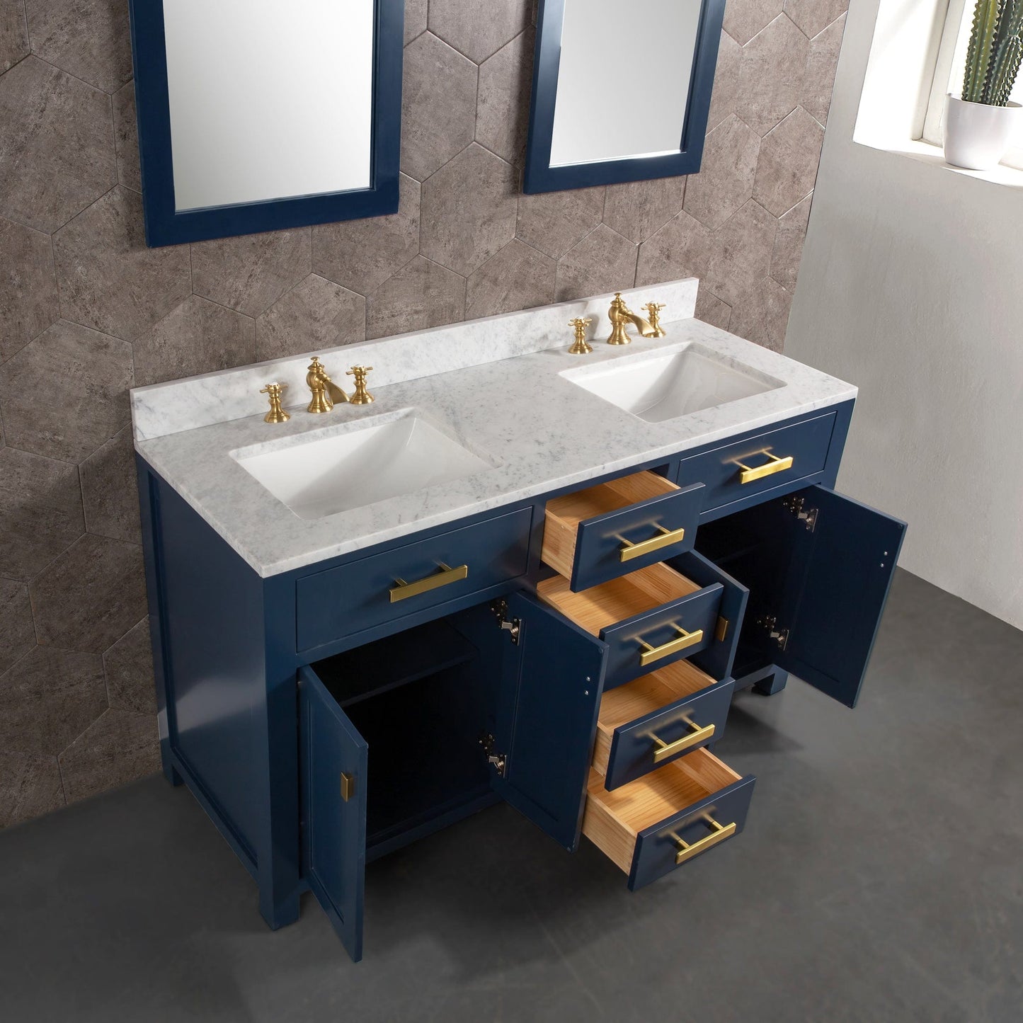 Water Creation 60" Palace Collection Quartz Carrara Pure White Bathroom Vanity Set With Hardware