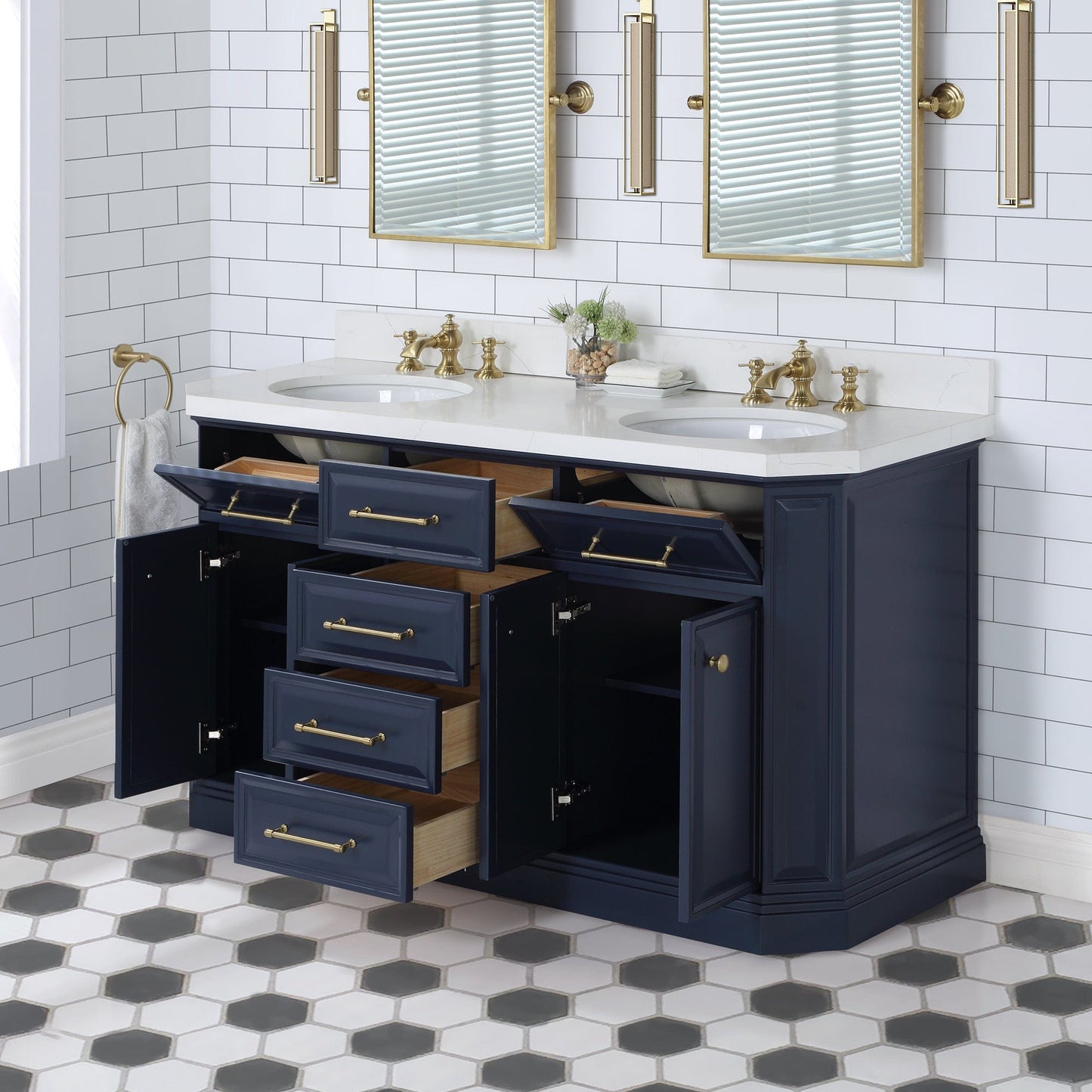 Water Creation 60" Palace Collection Quartz Carrara  Monarch Blue Bathroom Vanity With Faucets And Mirrors