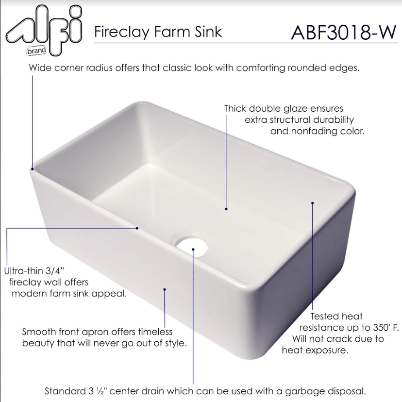 ALFI brand ABF3018-W 30" Farmhouse Single Basin Fireclay Kitchen - White