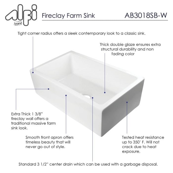 ALFI brand AB3018SB 30" Smooth Solid Thick Wall Fireclay One Bowl Farm Sink