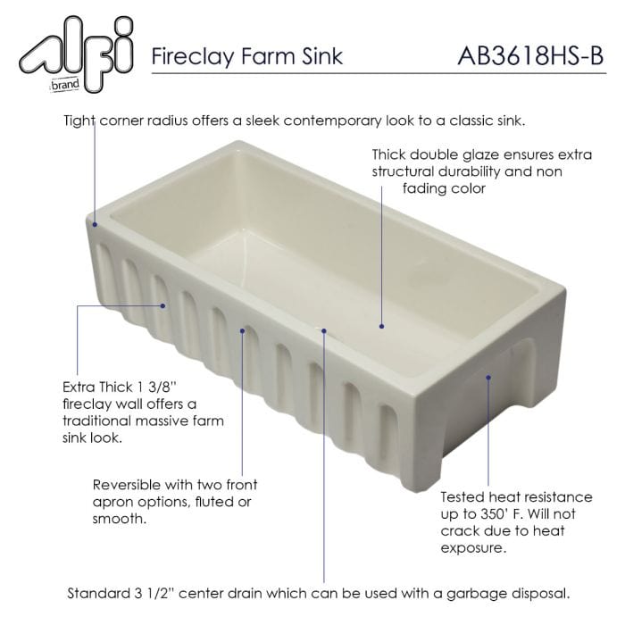 ALFI brand AB3618HS 36 Inch Reversible Smooth / Fluted Single Bowl Fireclay Farm Sink