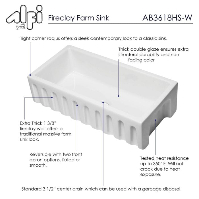 ALFI brand AB3618HS 36 Inch Reversible Smooth / Fluted Single Bowl Fireclay Farm Sink