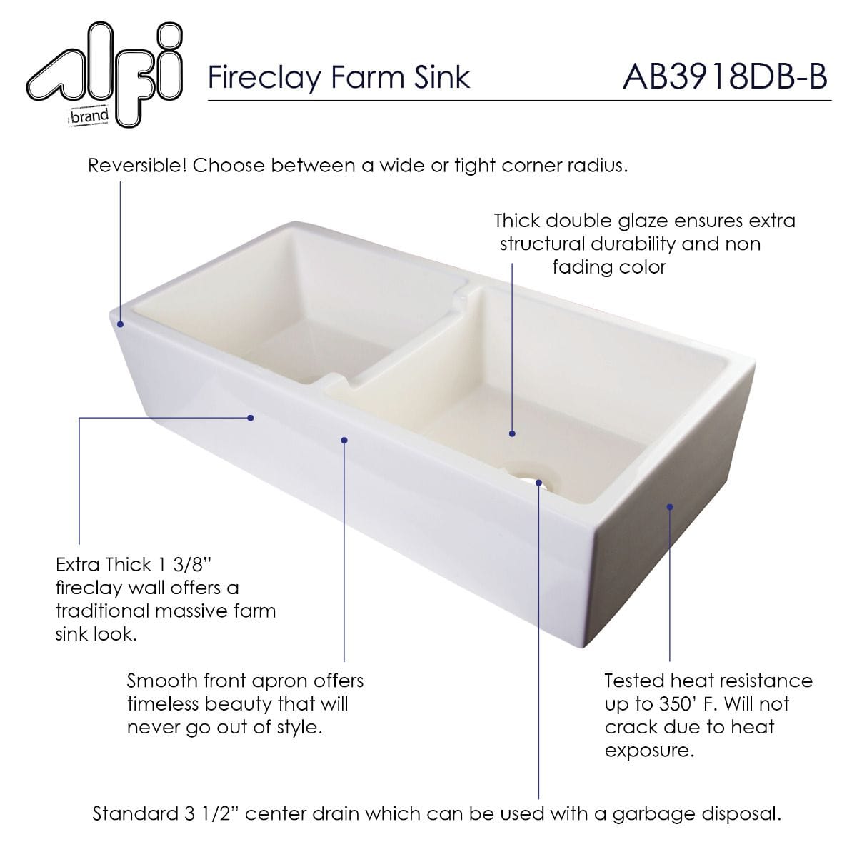 ALFI brand AB3918DB 39" Smooth Apron Thick Wall Fireclay Double Bowl Farm Sink