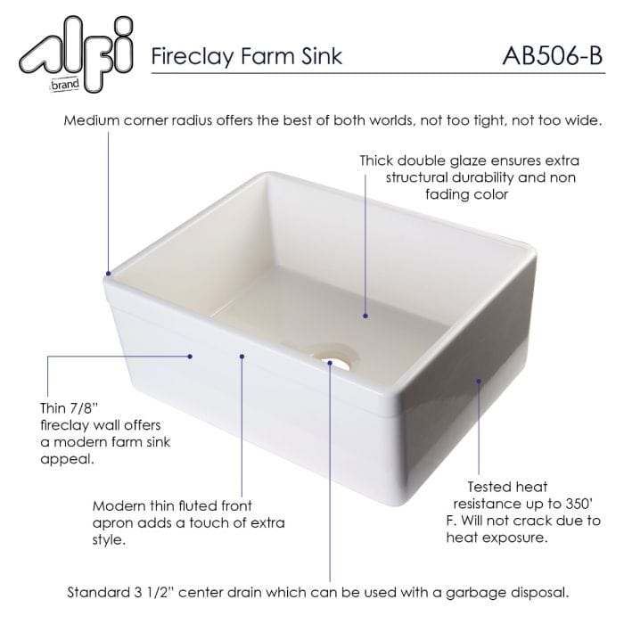 ALFI brand AB506 26" Decorative Lip Single Bowl Fireclay Farmhouse Kitchen