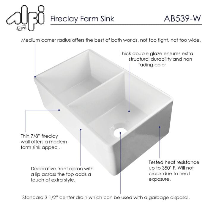 ALFI brand AB539 32 3/4" Lip Double Bowl Fireclay Farmhouse Apron Kitchen Sink