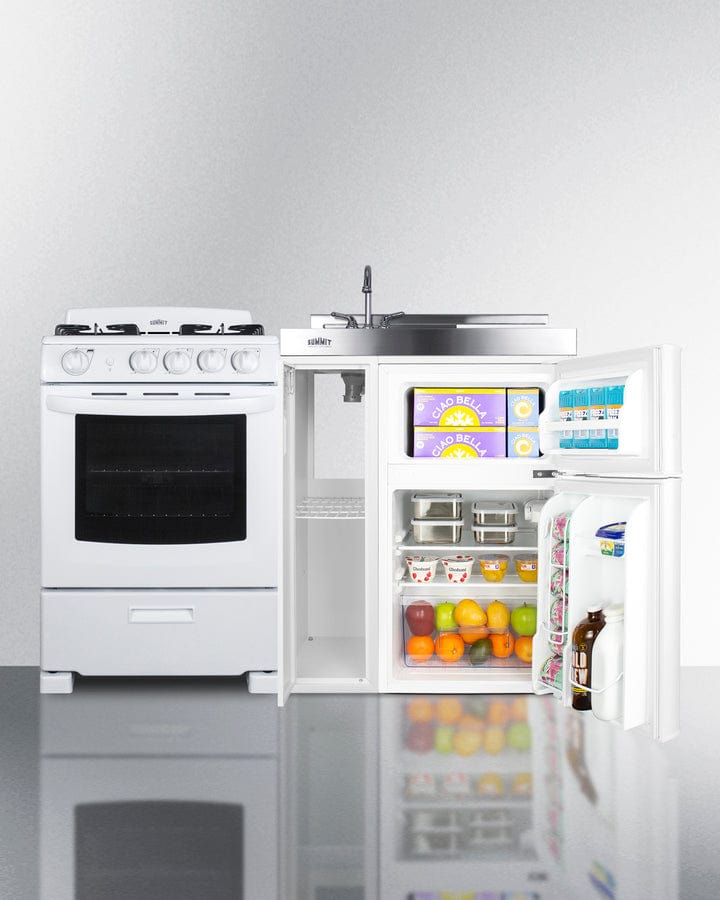 Summit ACK54GASW 53 1/2" Kitchenette w/ Sink, Gas Range, & Refrigerator/Freezer - White, 115v, Convertible Gas