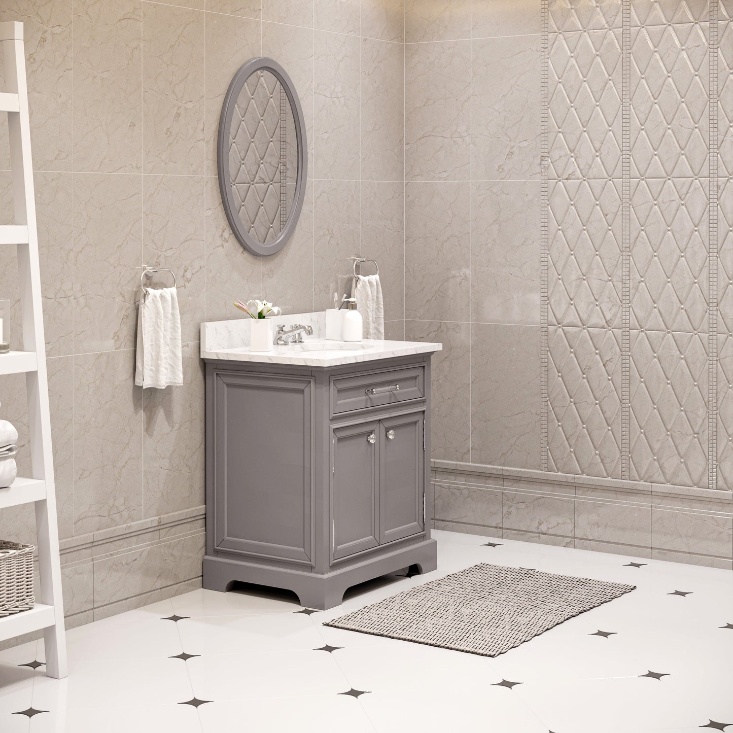 Water Creation 30 Inch Cashmere Grey Single Sink Bathroom Vanity With Matching Framed Mirror From The Derby Collection