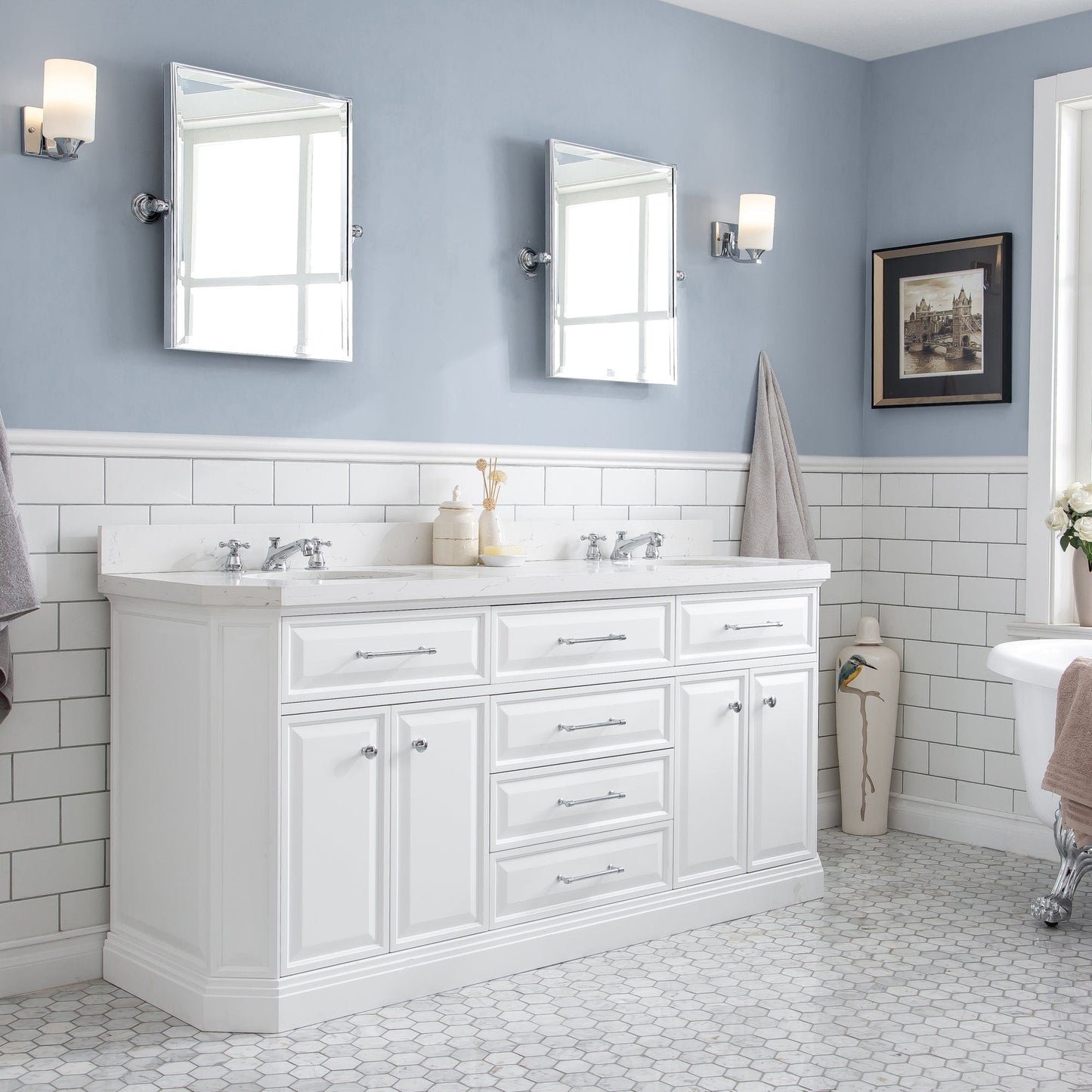 Water Creation 72" Palace Collection Quartz Carrara Pure White Bathroom Vanity Set With Mirrors