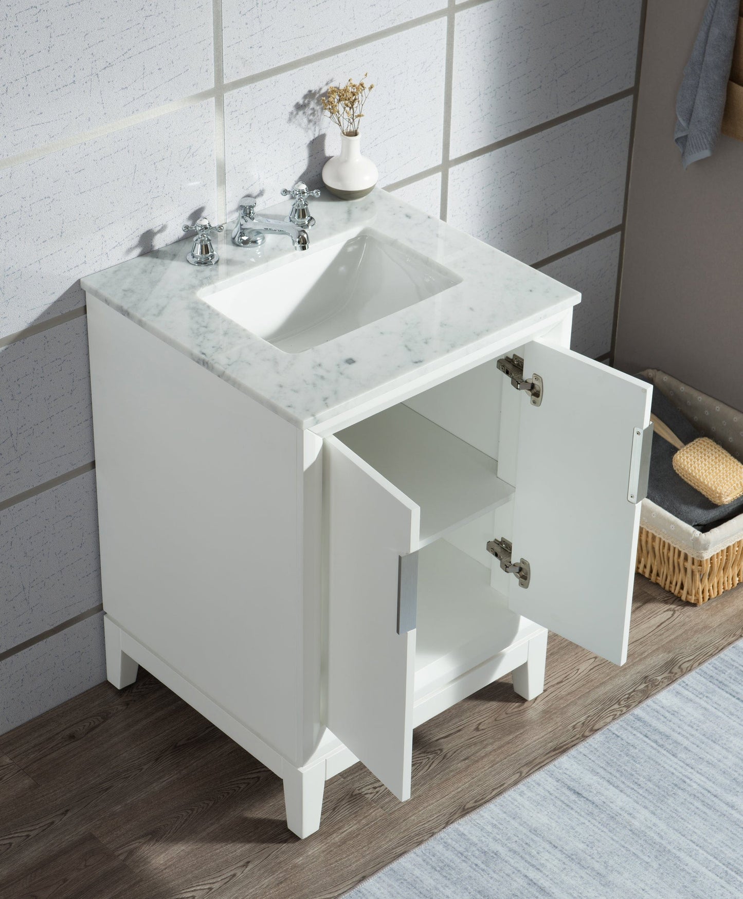 Water Creation Elizabeth 30" Single Sink Carrara White Marble Vanity In Pure White With Matching Mirror(s) and Lavatory Faucet(s)