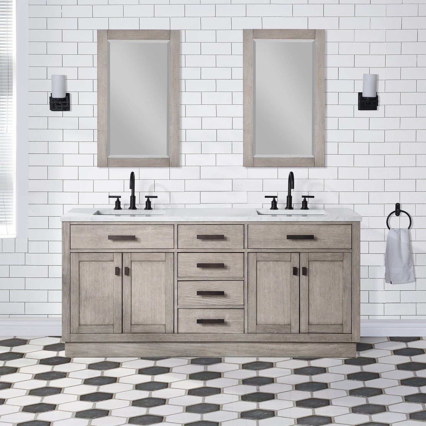 Water Creation Chestnut 72 In. Double Sink Carrara White Marble Countertop Vanity In Grey Oak with Grooseneck Faucets