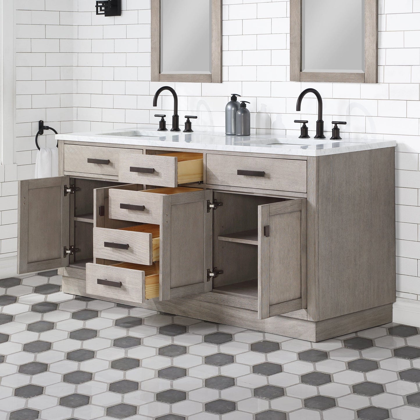 Water Creation Chestnut 72 In. Double Sink Carrara White Marble Countertop Vanity In Grey Oak with Mirrors