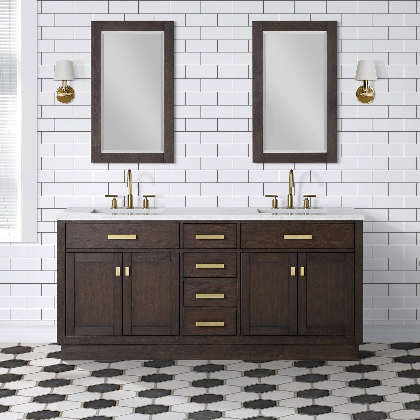 Water Creation Chestnut 72 In. Double Sink Carrara White Marble Countertop Vanity In Brown Oak with Mirrors