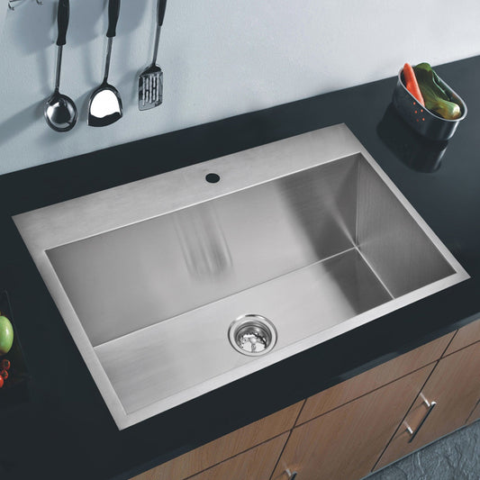 Water Creation 33 Inch X 22 Inch Zero Radius Single Bowl Stainless Steel Hand Made Drop In Kitchen Sink