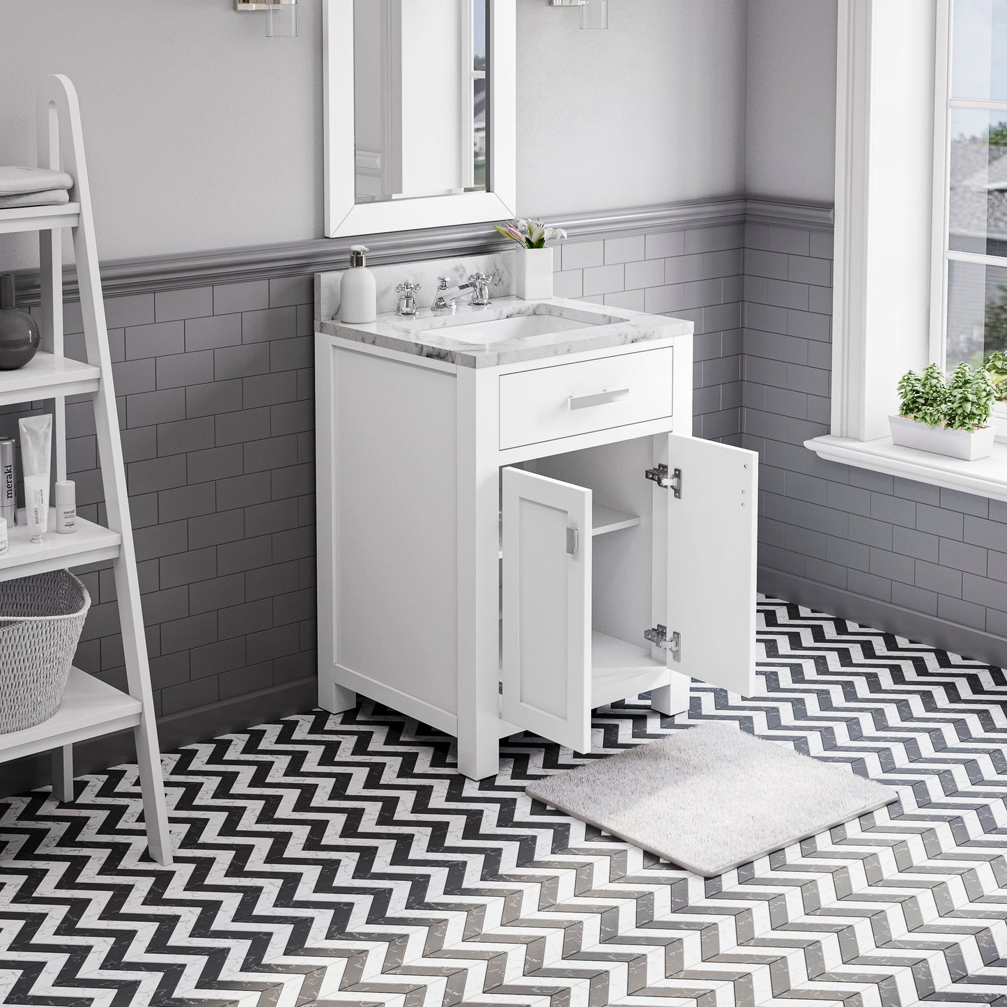 Water Creation 24 Inch Pure White Single Sink Bathroom Vanity With Matching Framed Mirror From The Madison Collection