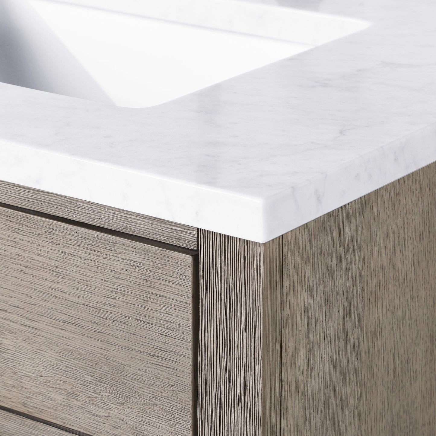 Water Creation Chestnut 72 In. Double Sink Carrara White Marble Countertop Vanity In Grey Oak with Grooseneck Faucets