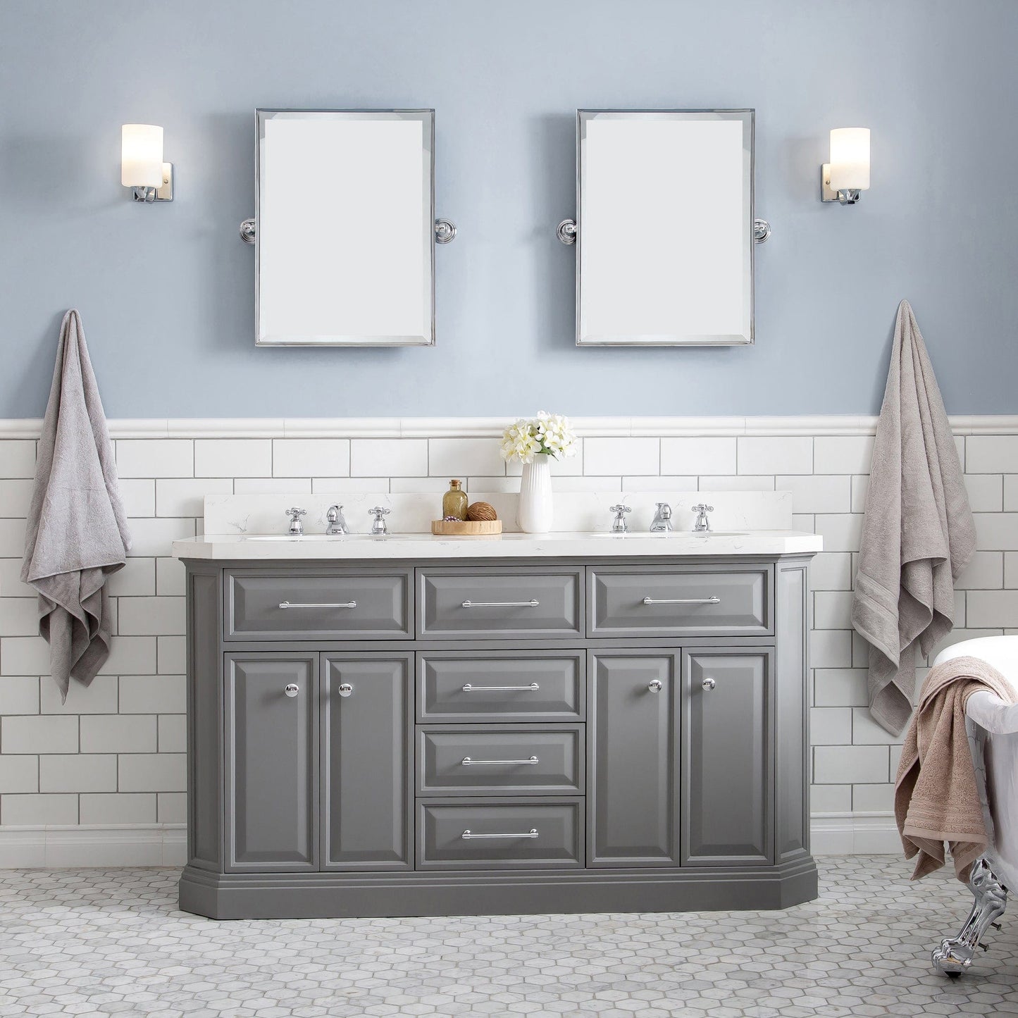 Water Creation 60" Palace Collection Quartz Carrara Cashmere Grey Bathroom Vanity Set With Mirrors