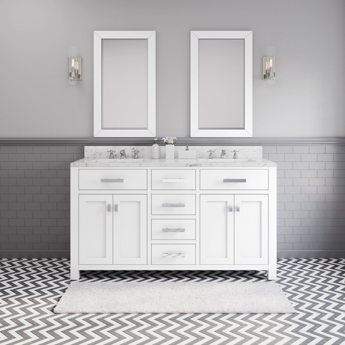 Water Creation 60 Inch Pure White Double Sink Bathroom Vanity With Faucet From The Madison Collection