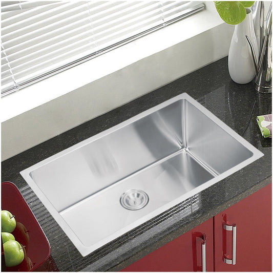 Water Creation 30 Inch X 18 Inch Single Bowl Stainless Steel Hand Made Undermount Kitchen Sink With Coved Corners, Drain and Strainer