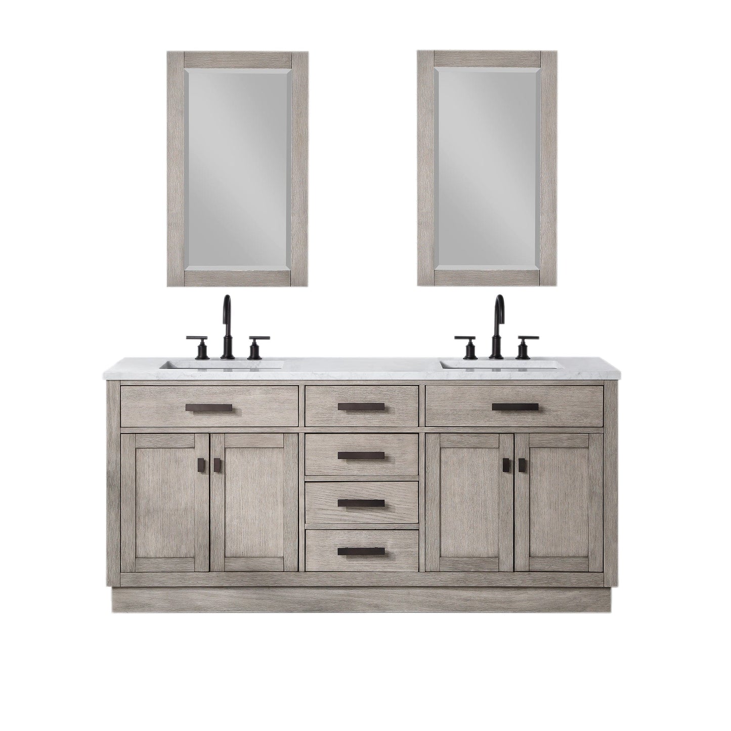 Water Creation Chestnut 72 In. Double Sink Carrara White Marble Countertop Vanity In Grey Oak with Mirrors