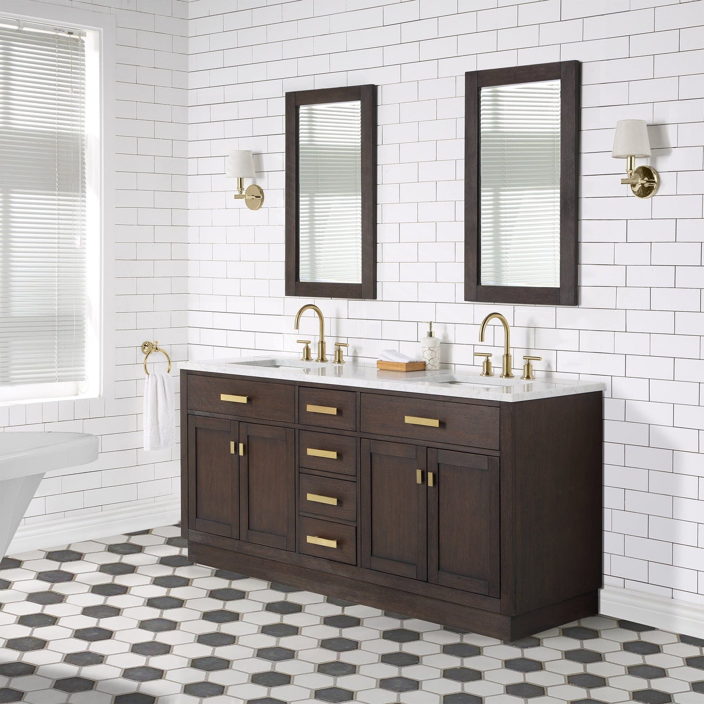 Water Creation Chestnut 72 In. Double Sink Carrara White Marble Countertop Vanity In Brown Oak with Mirrors