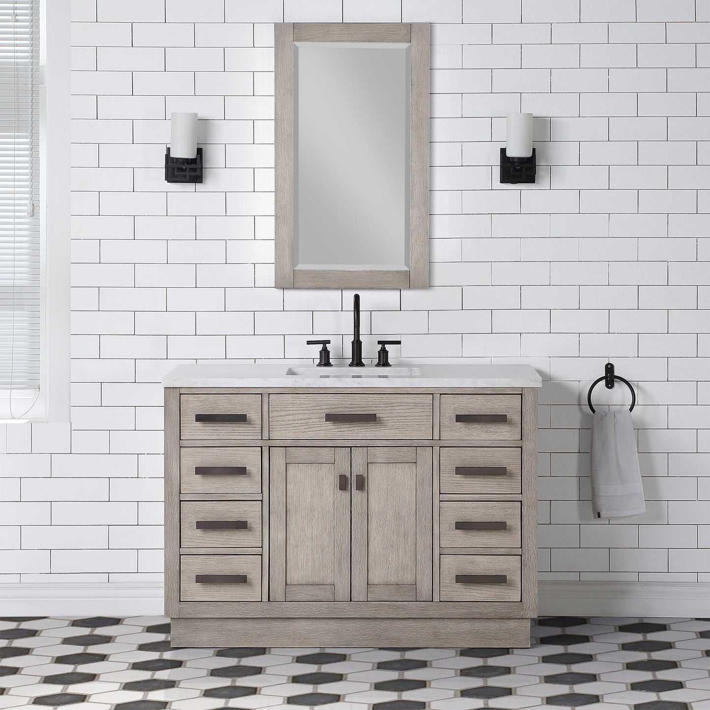 Water Creation Chestnut 48 In. Single Sink Carrara White Marble Countertop Vanity In Grey Oak with Grooseneck Faucet and Mirror