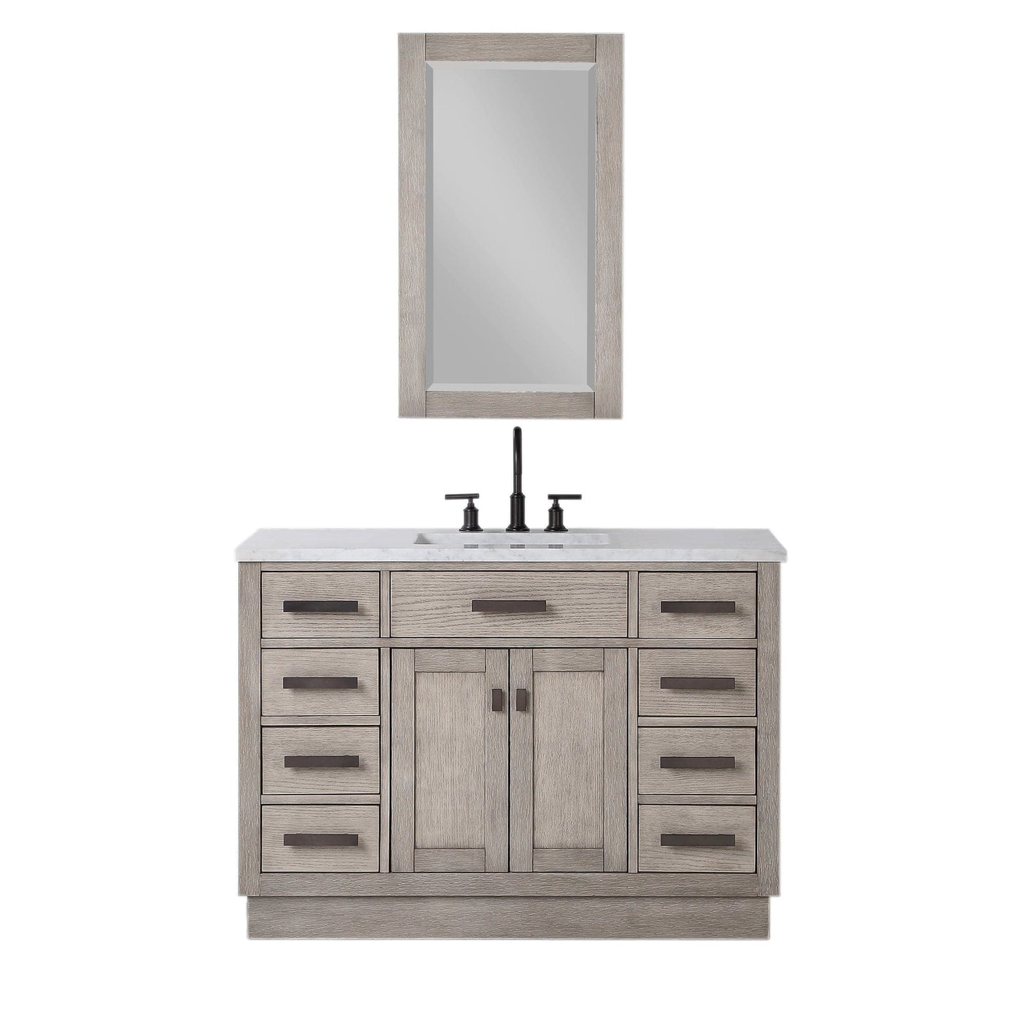 Water Creation Chestnut 48 In. Single Sink Carrara White Marble Countertop Vanity In Grey Oak with Grooseneck Faucet and Mirror