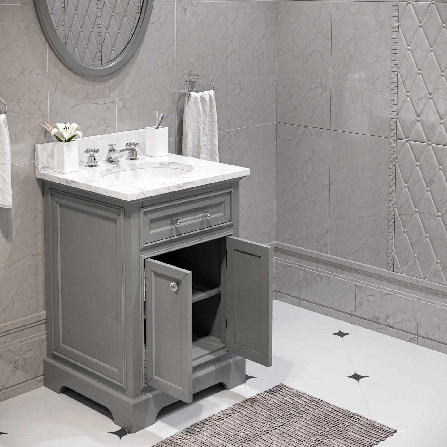 Water Creation 24 Inch Cashmere Grey Single Sink Bathroom Vanity With Matching Framed Mirror From The Derby Collection