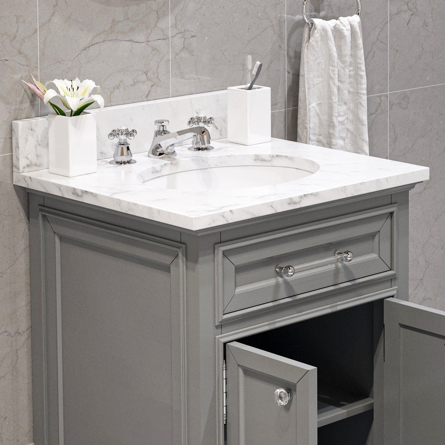 Water Creation 24 Inch Cashmere Grey Single Sink Bathroom Vanity With Matching Framed Mirror From The Derby Collection