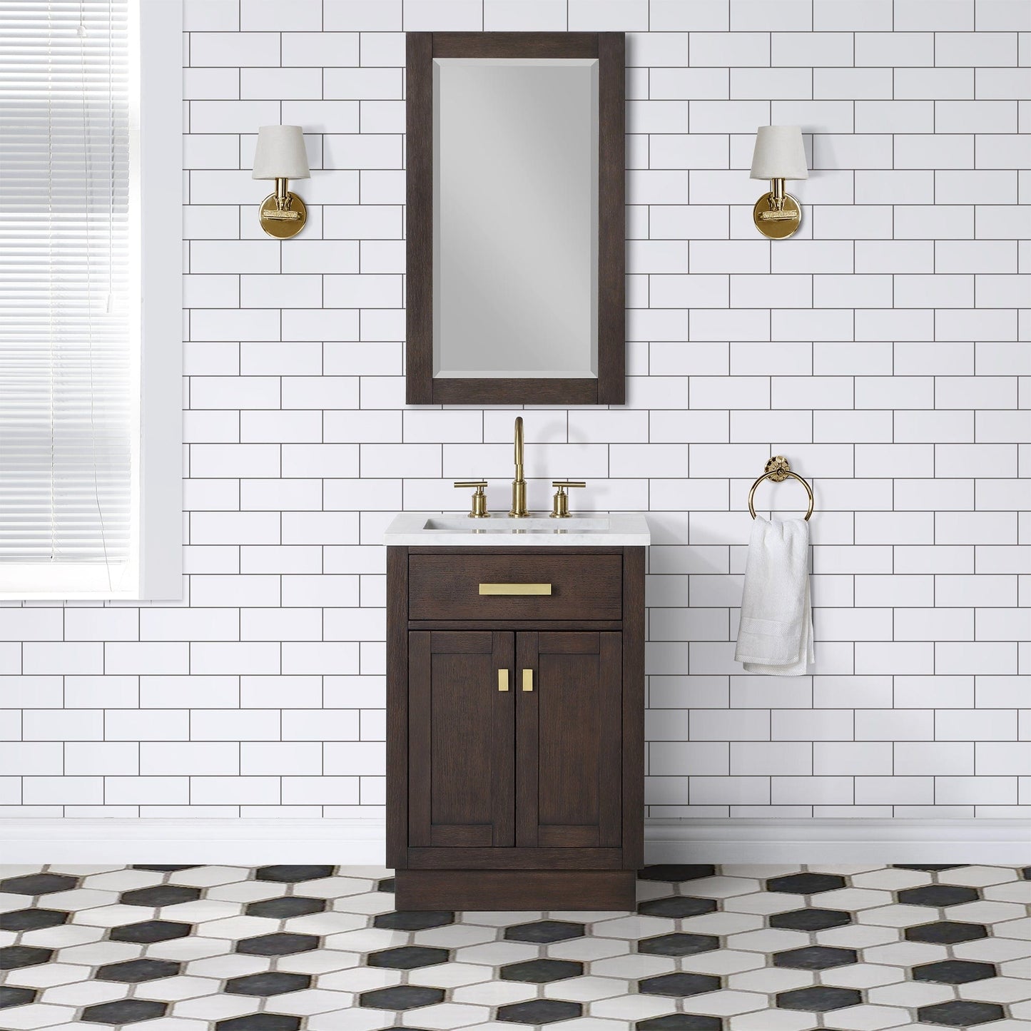 Water Creation Chestnut 24 In. Single Sink Carrara White Marble Countertop Vanity In Brown Oak with Mirror