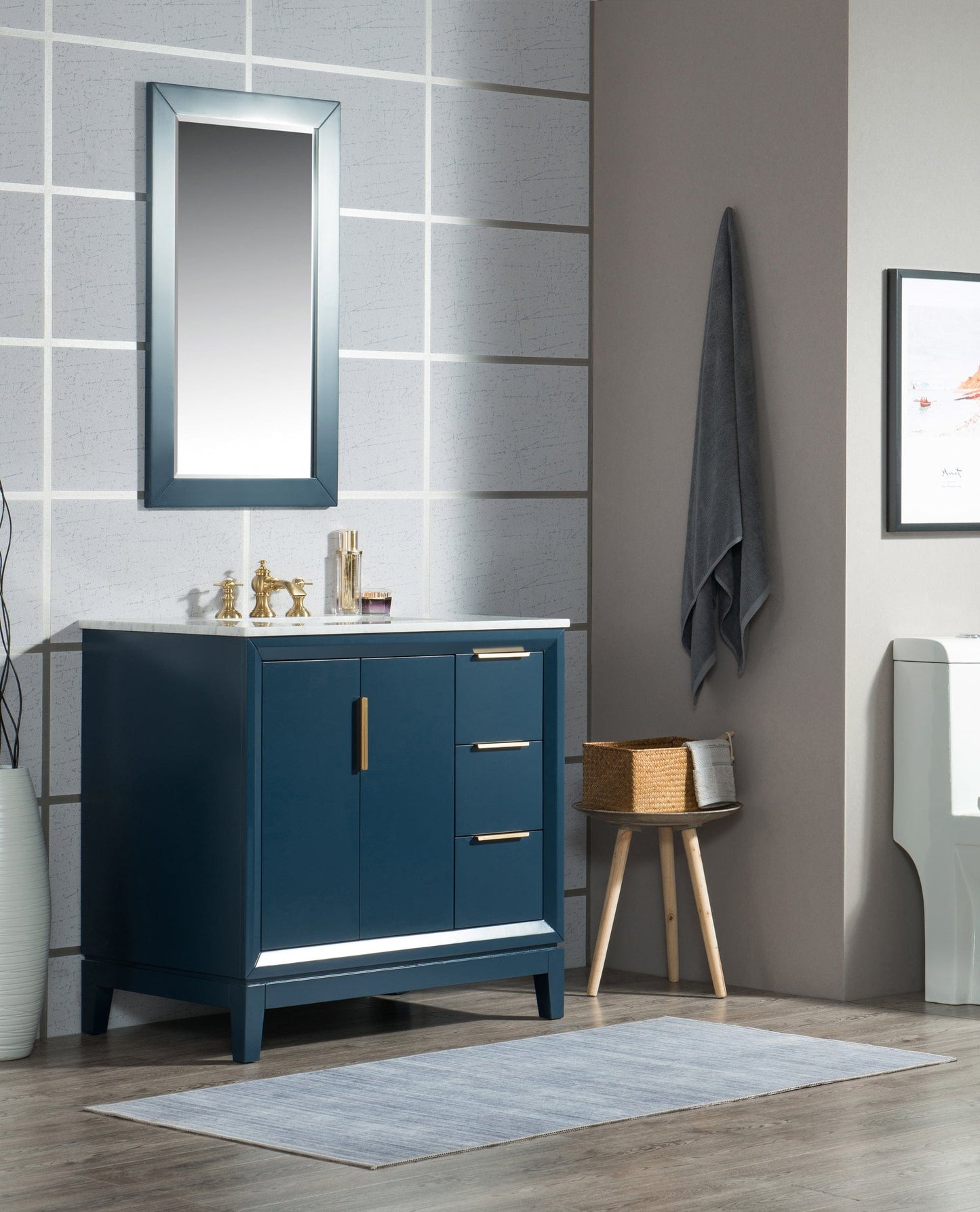 Water Creation Elizabeth 36"  Carrara White Marble Vanity In Monarch Blue With Mirror(s) and Faucet(s)