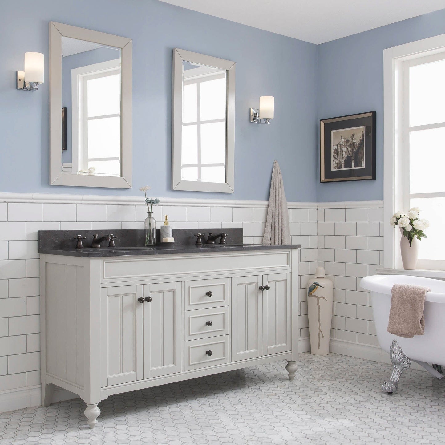 Water Creation Potenza 60" Bathroom Vanity in Earl Grey with Blue Limestone Top with Faucet