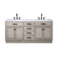 Water Creation Chestnut 72 In. Double Sink Carrara White Marble Countertop Vanity In Grey Oak with Grooseneck Faucets