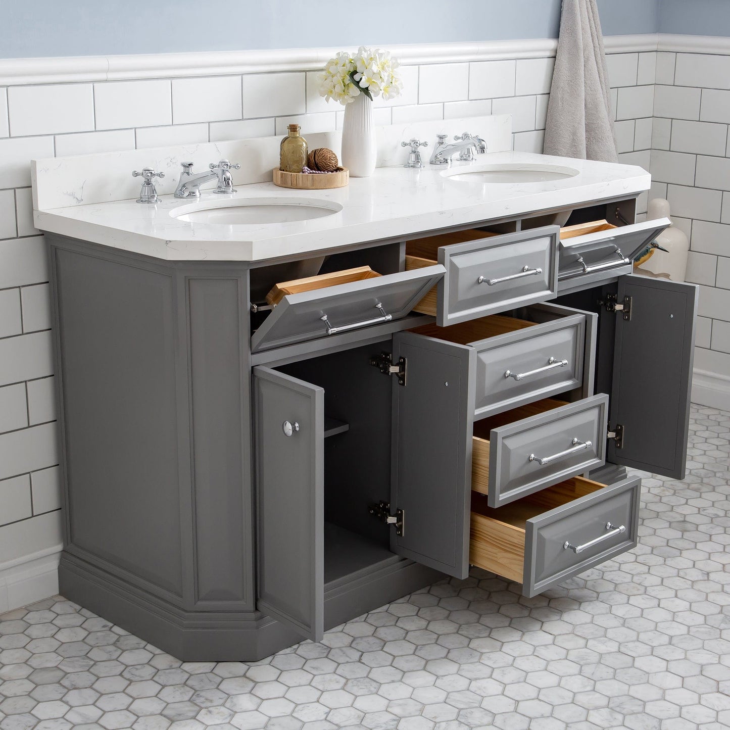 Water Creation 60" Palace Collection Quartz Carrara Cashmere Grey Bathroom Vanity Set With Hardware