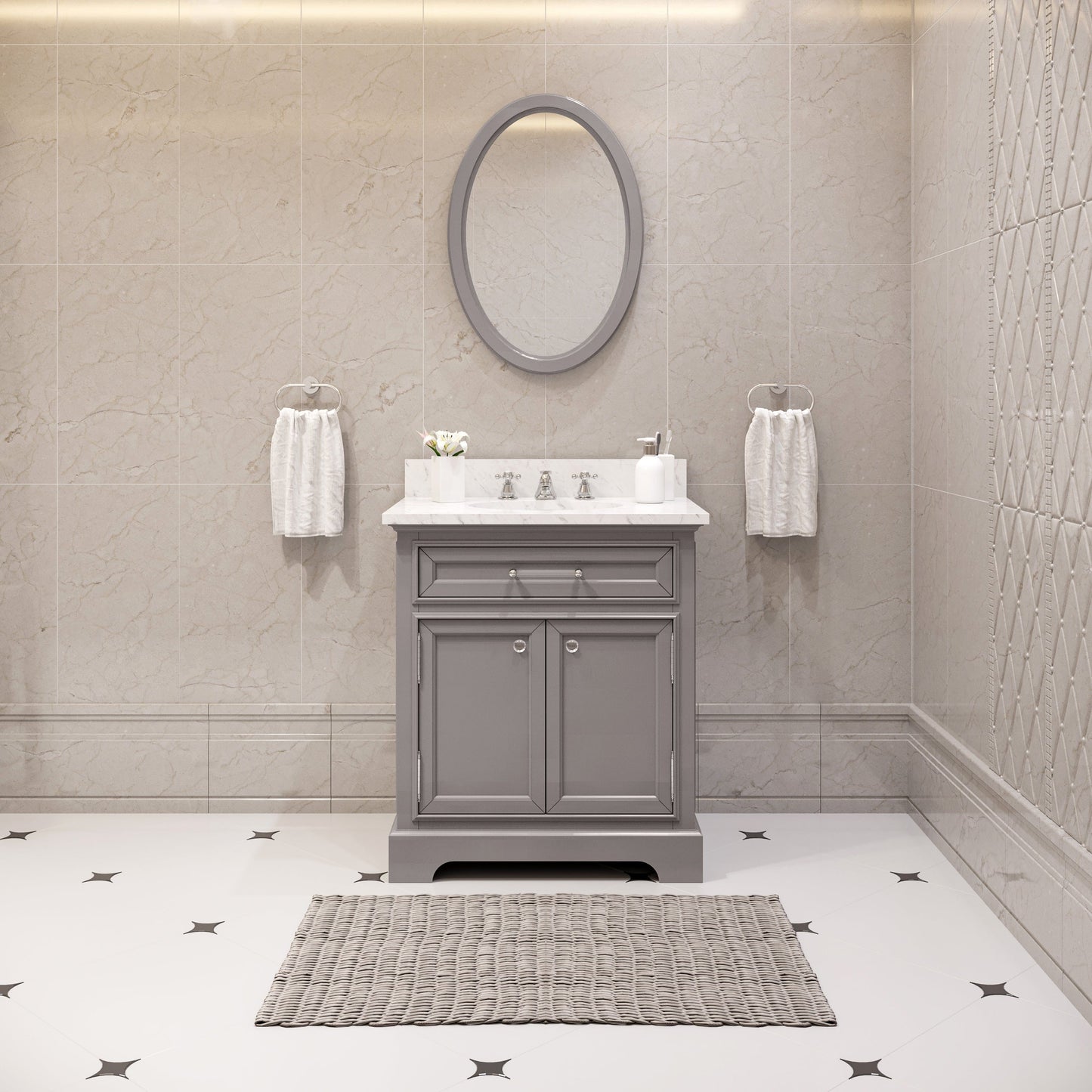 Water Creation 30 Inch Cashmere Grey Single Sink Bathroom Vanity With Matching Framed Mirror From The Derby Collection