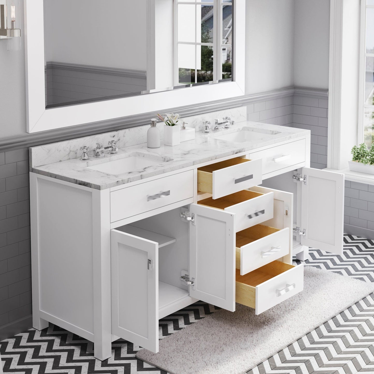 Water Creation 72 Inch Pure White Double Sink Bathroom Vanity With Matching Large Framed Mirror From The Madison Collection