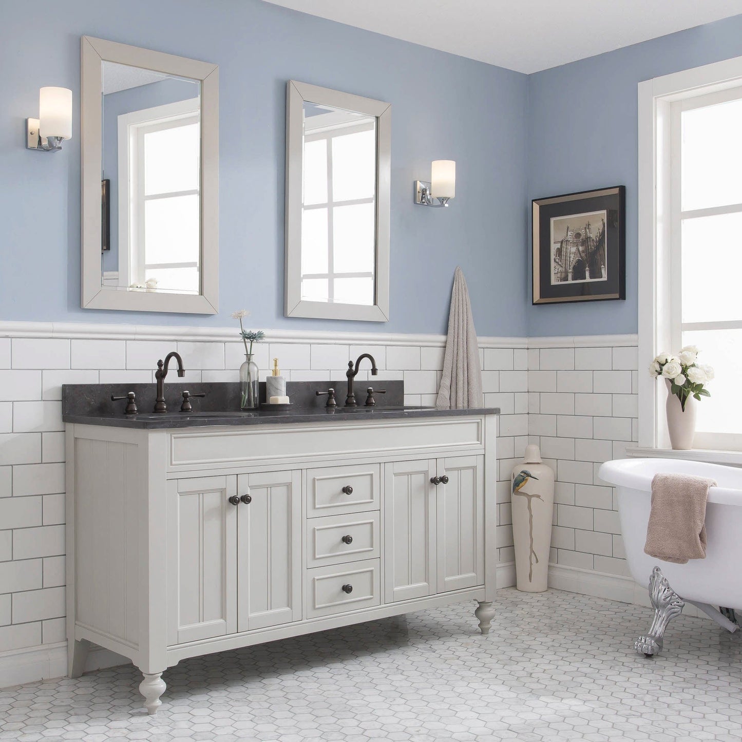 Water Creation Potenza 60" Bathroom Vanity in Earl Grey with Blue Limestone Top with Faucet and Mirror