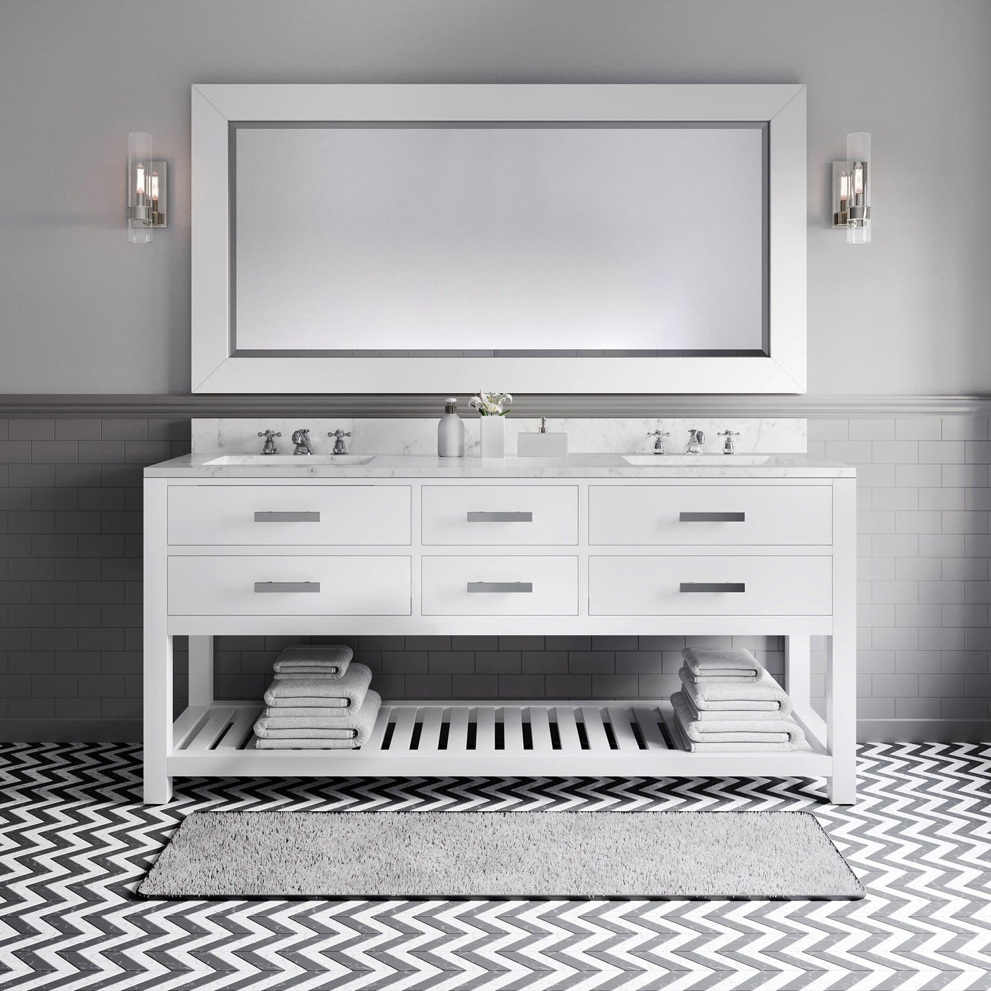 Water Creation 72 Inch Pure White Double Sink Bathroom Vanity With Matching Large Framed Mirror From The Madalyn Collection