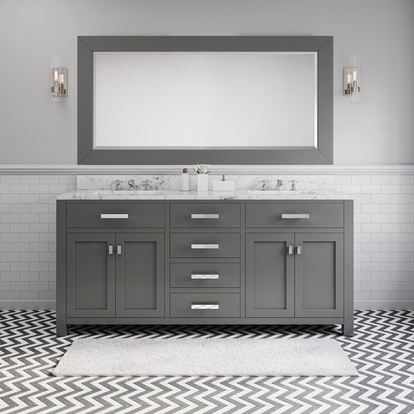 Water Creation 72 Inch Cashmere Grey Double Sink Bathroom Vanity With Matching Framed Mirror And Faucet From The Madison Collection