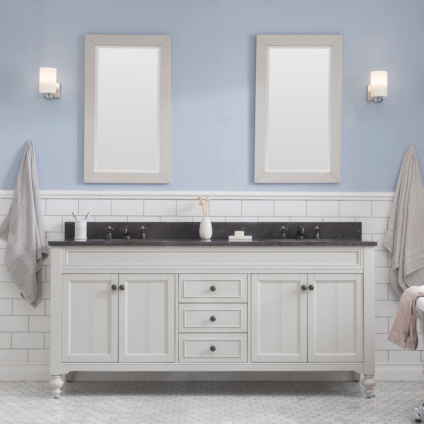 Water Creation Potenza 72" Bathroom Vanity in Earl Grey with Blue Limestone Top with Faucet and Mirror