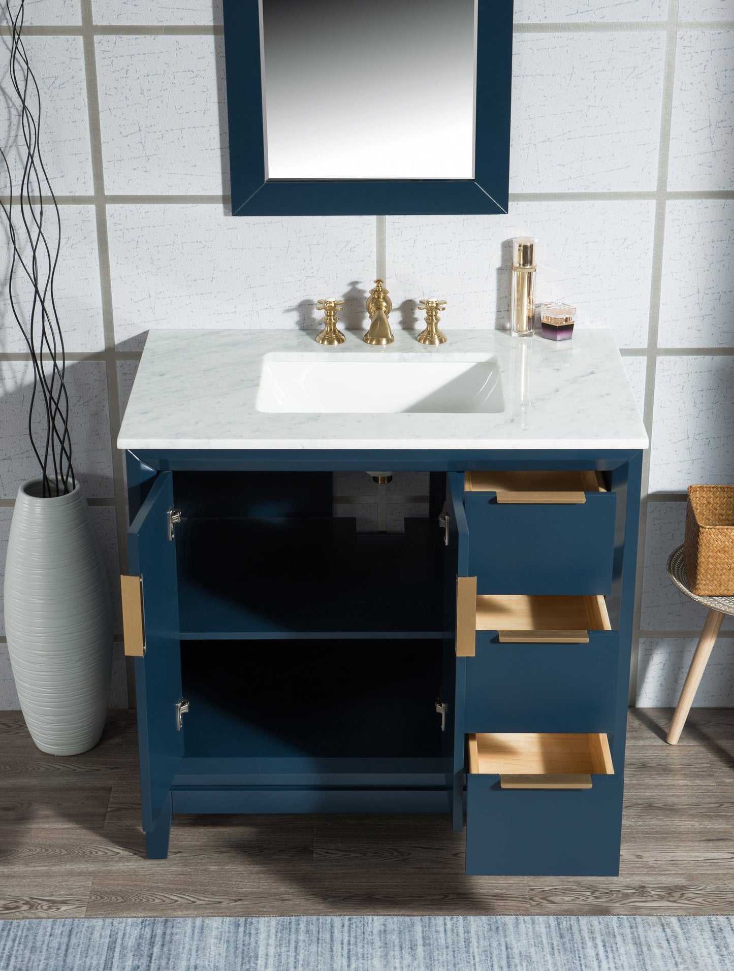 Water Creation Elizabeth 36"  Carrara White Marble Vanity In Monarch Blue With Mirror(s) and Faucet(s)