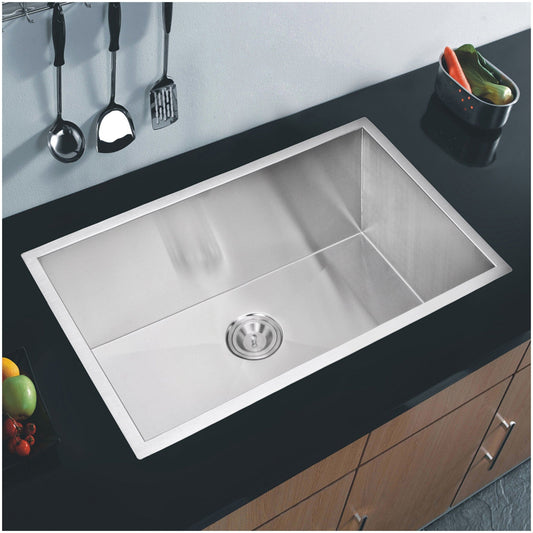 Water Creation 32 Inch X 19 Inch Zero Radius Single Bowl Stainless Steel Hand Made Undermount Kitchen Sink With Drain and Strainer