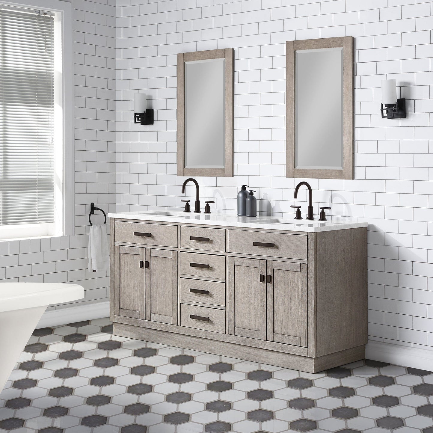 Water Creation Chestnut 72 In. Double Sink Carrara White Marble Countertop Vanity In Grey Oak with Grooseneck Faucets