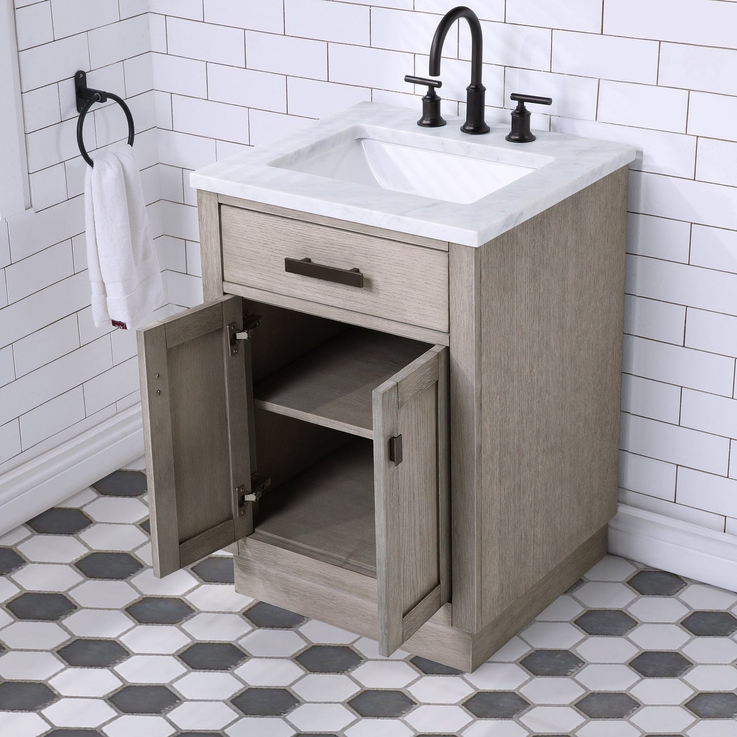 Water Creation Chestnut 24 In. Single Sink Carrara White Marble Countertop Vanity In Grey Oak with Grooseneck Faucet and Mirror